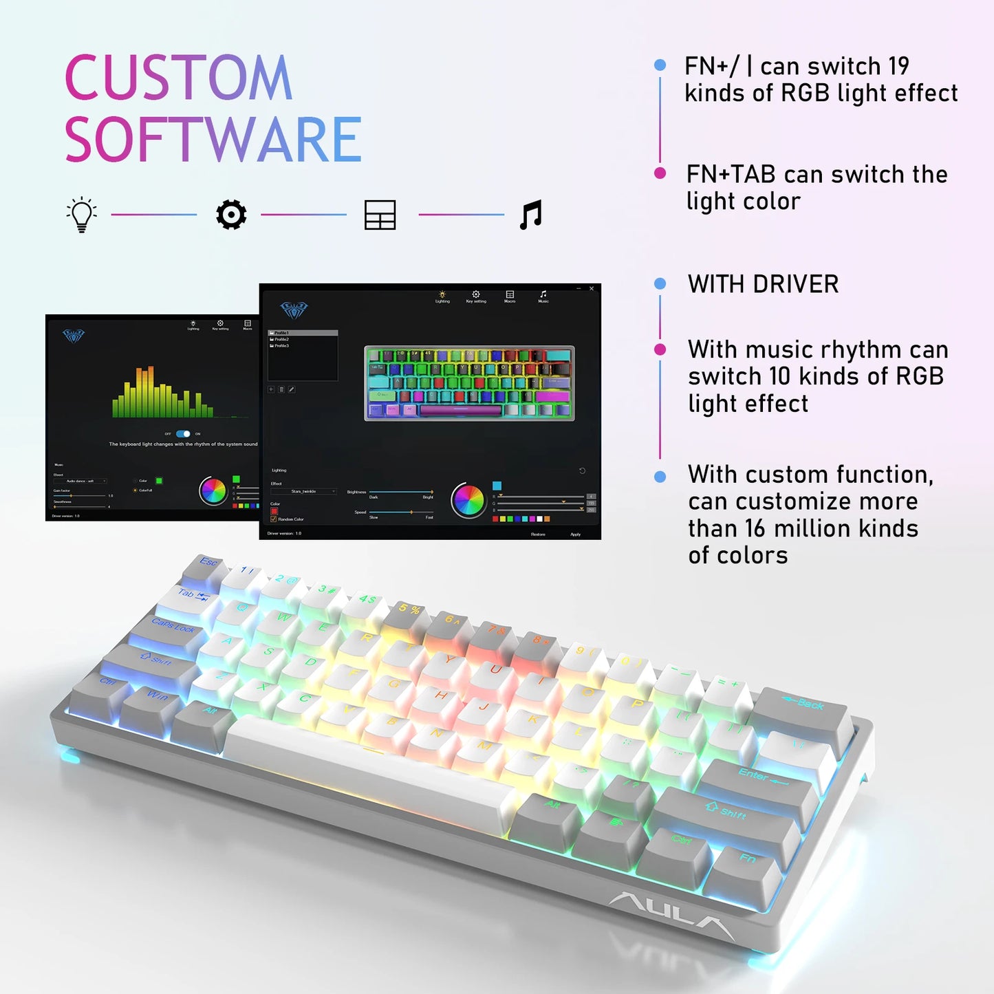 AULA F3261 RGB Mini Mechanical Gaming Keyboard – 61 Keys, Red Switch, USB-C Wired, Mac/Windows Compatible